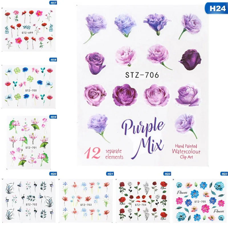

24 Designs/Sets Water Transfer Beautiful Rose Decals Full Decals Nail Sticker Mixed Colorful Flower Nail Art DIY Decor