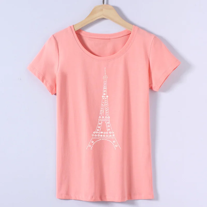 Европа Летняя женская уличная мода тонкая футболка с круглым вырезом и принтом башни Топы женские повседневные рубашки со стразами ручной работы - Цвет: Розовый