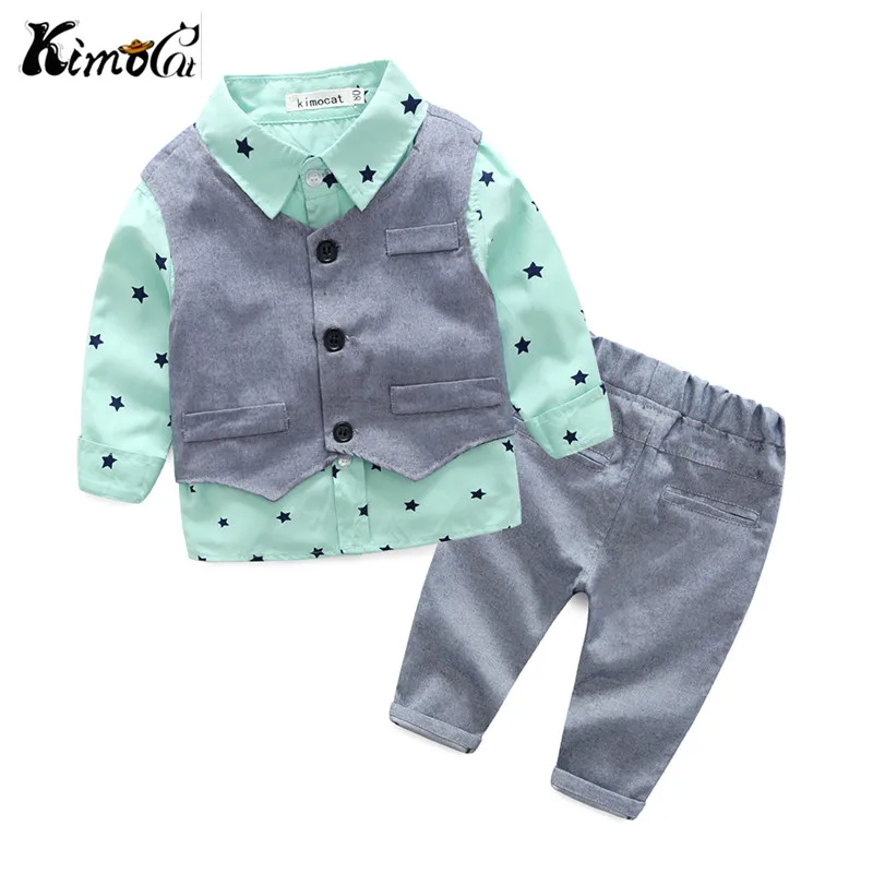 

Kimocat new baby clothes Spring and autumn long-sleeved cotton gentlemen's baby suits 3pcs(Vest + shirt + pants)