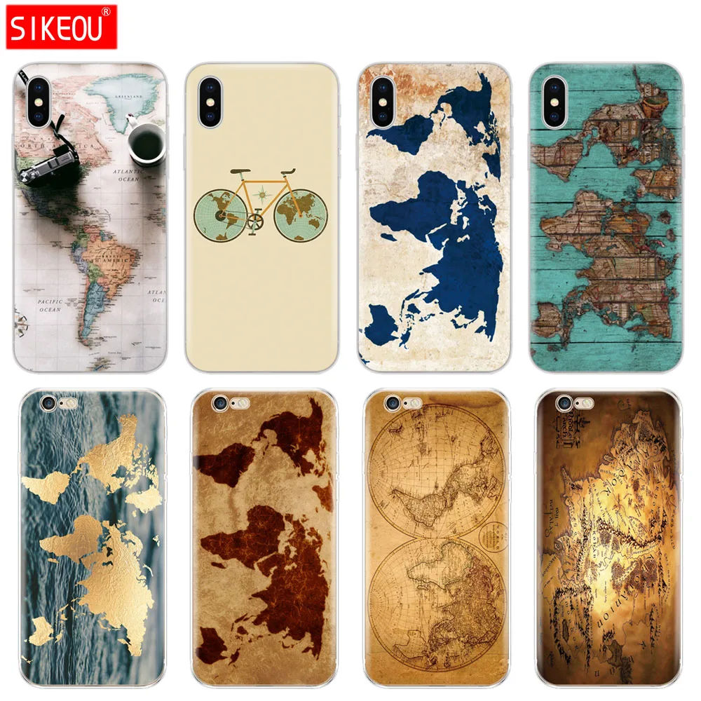 

Silicone Cover Phone Case For Iphone 6 X 8 7 6s 5 5s SE Plus 10 XR XS Max Case travel world map vintage