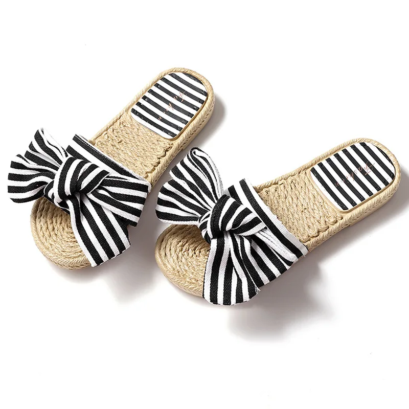 

Slippers Women Summer Bow Summer Sandals Slipper Fashion Floral Flat Sandals Indoor Outdoor Linen Flip-flops Female Beach Shoes