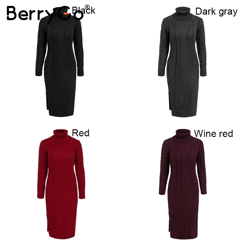 BerryGo Turtleneck split loose sweater dress long White knitted femme winter dress 2018 Autumn tricot streetwear women dress