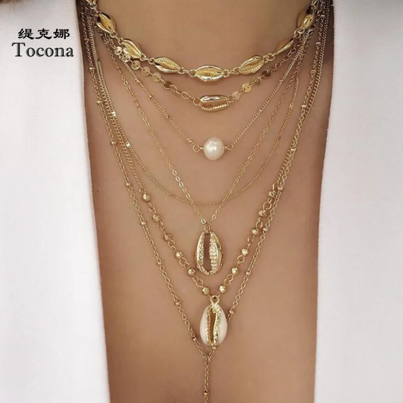 

Tocona Bohemia New Arrival Multi-layer Summer Beach Shell Pearl Pendant Chain Choker Necklace Women Jewelry Wholesale C19208