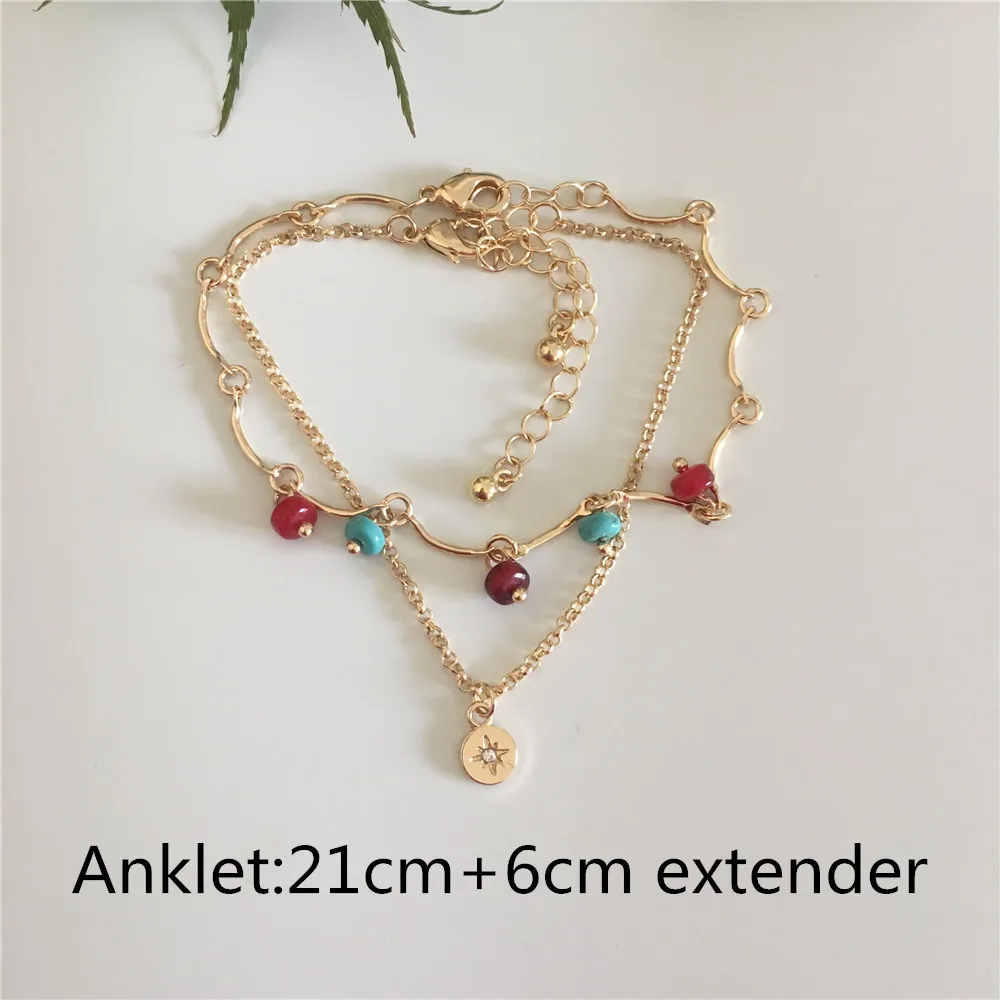 

TRENDY GOLD COLOR PLATING SMALL BEAD HANGING WITH ROUND DISC CHARM LAYERED BRACELET OR ANKLET