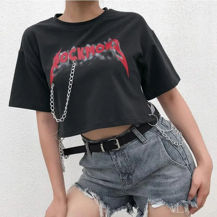 

New chain detachable hip hop street style print short T-shirt