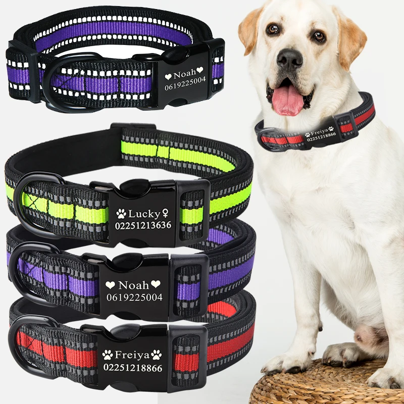 

High Quality Dog Personalized Collar Galvanized Metal Black Buckle Name Collar Diving Cloth Reflective Medium Large Dog Collars