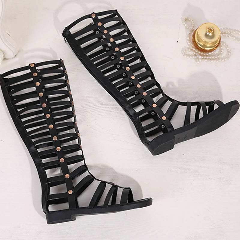 E TOY WORD gladiator flat sandals Cut Out Open The Toe Womens Knee High Sandals Boot 2019 New Fashion Cutout Tall Sandals Boots