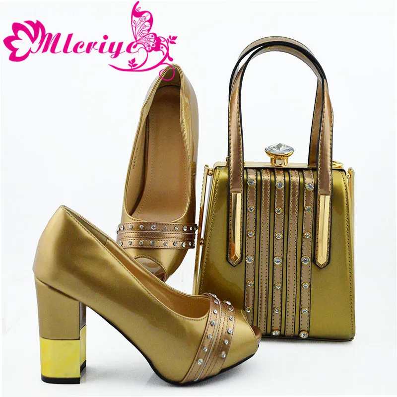 

Elegant Shoe and Bag Set Women African Party Shoes and Bag Nigerian Shoes with Matching Bags in Gold with Shinning Crystal