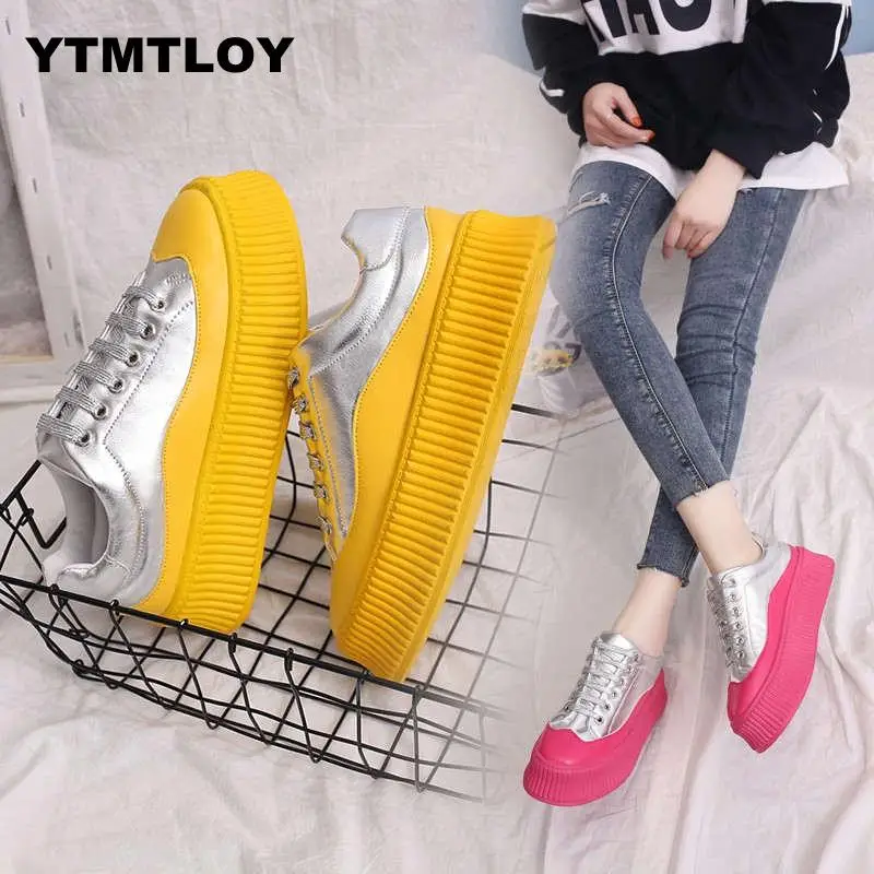 

Patent Leather Spring Autumn Women Casual Shoes Platform Sneakers Ladies Femme Tenis Zapatillas Plataforma Mujer Yellow