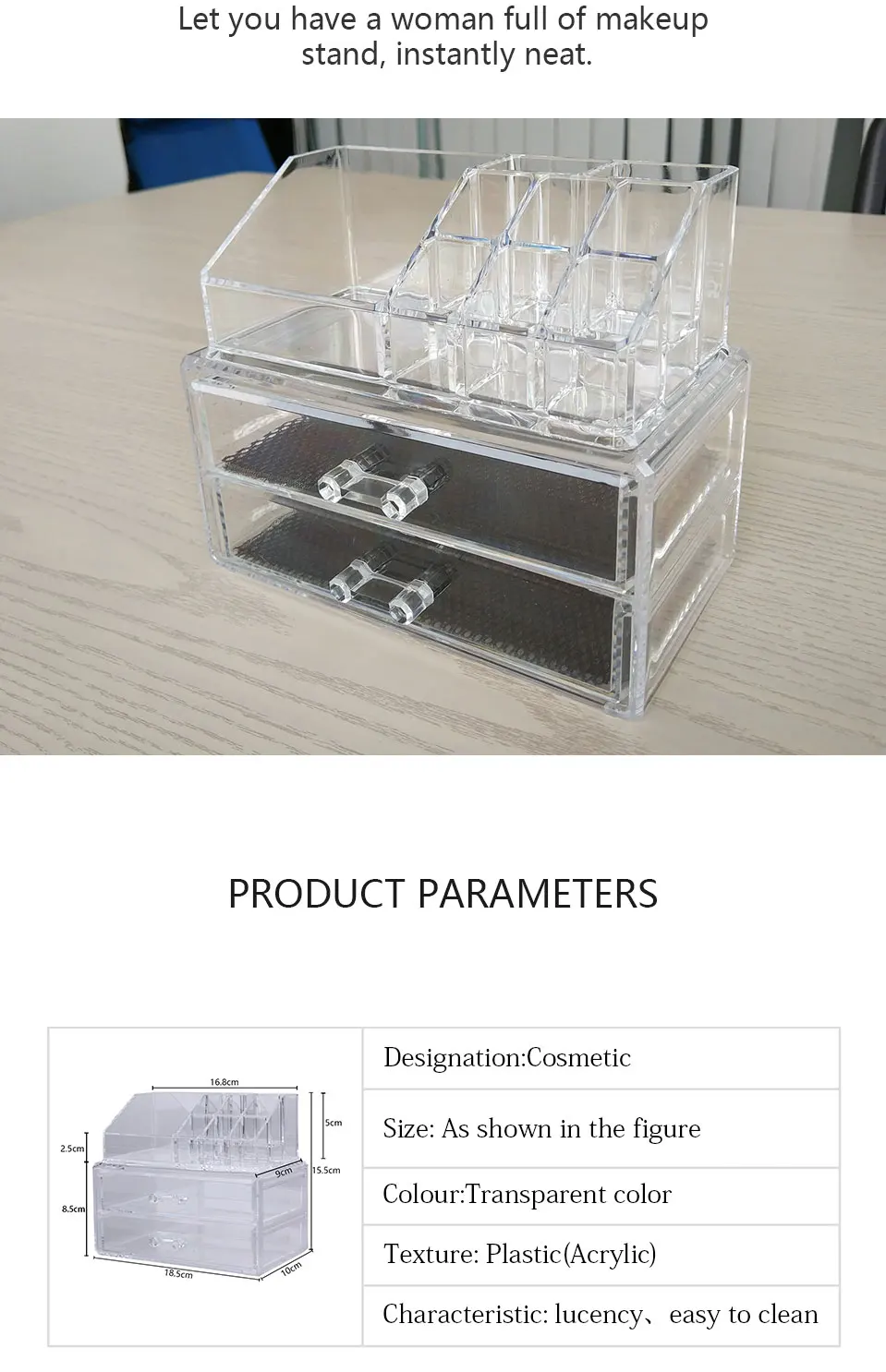 Clear Acrylic Makeup Organizer With Drawers Make Up Organizer Plastic Storage Box Jewelry Lipstick Brushes Cosmetic Case_05