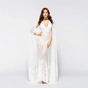 

Women Elegant Chiffon Embroidery Dress Cloak V-Neck Sweet Dresses Vestidos Beach Voile Party Bride Long Dress