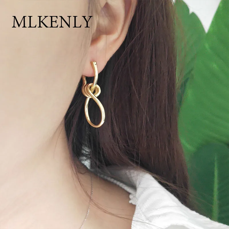 

MLKENLY Authentic 925 Sterling Silver For Women Gold Personality Knot Earrings Simple Fashion Jewelry Trend Accessories INS