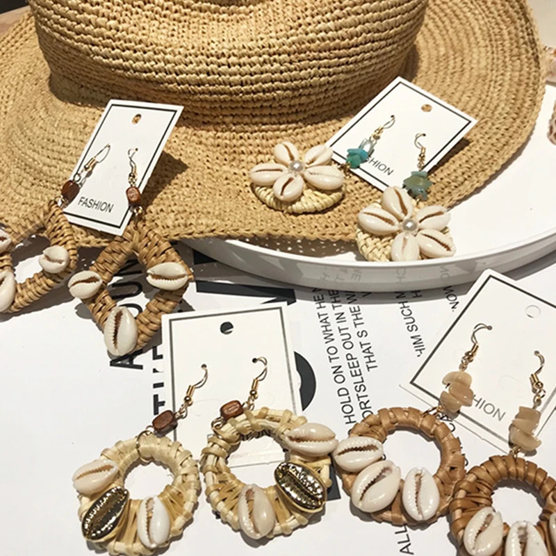 

HZ 2019 Vintage Rattan Circle Exaggeration Tassel Shell Unique Wood Alloy Long Drop Earrings For Women Lady Statement Jewelry