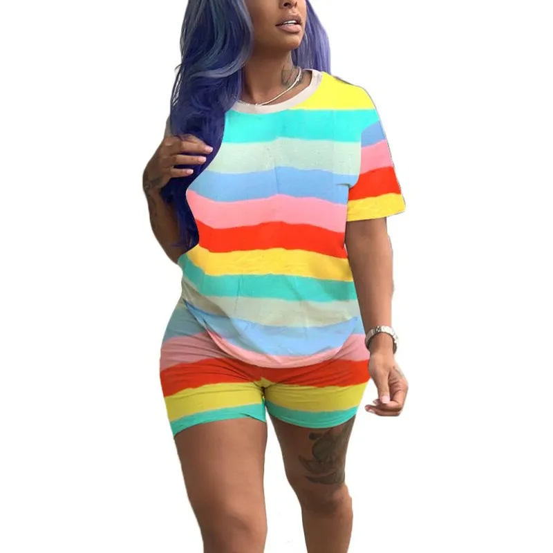 

Women Top And Biker Shorts Plus Size Two Piece Set Streetwear 2019 Summer Rainbow Striped Outfits Beach Casual Tracksuit