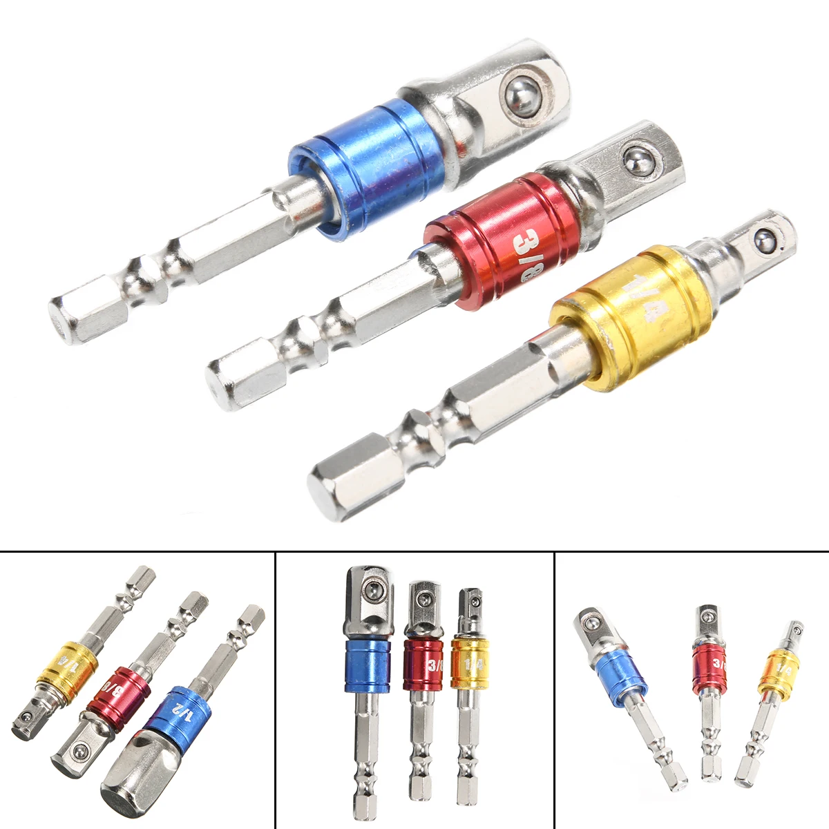 New 3pcs Drill Socket Adapter for Impact Driver Hex Shank to Square Socket Drill Bits Bar Extension Set 1/4" 3/8" 1/2 Bit Set