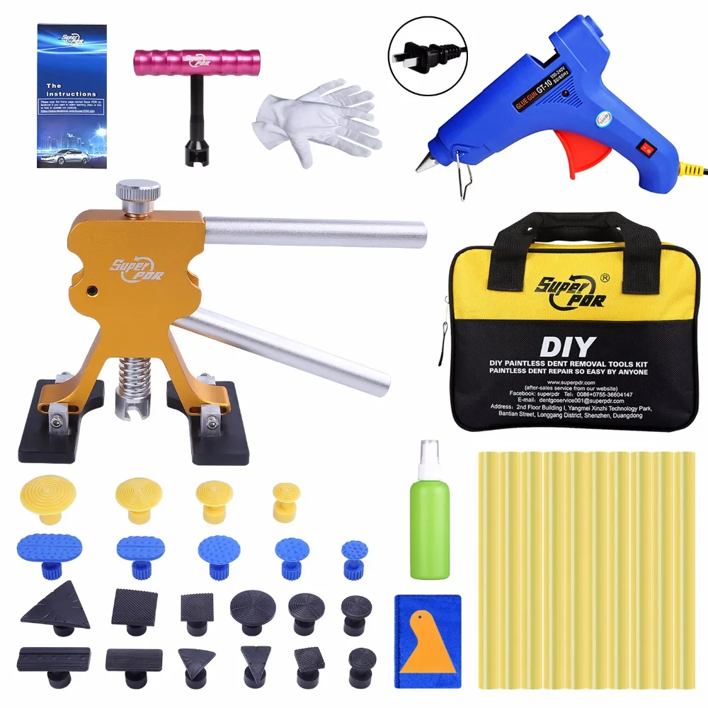 

GLCC US Plug Glue Gun Tool Set Dent Puller T Puller Kit Tool Bag Glue Sticker Glue Tabs Rubber Shovel for Auto