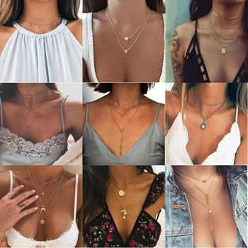 

New Trendy Bohemian Moon Star Rose Flower Crystal Necklaces Multiple Layers Pendant Long Necklaces for Women Accessories Jewelry