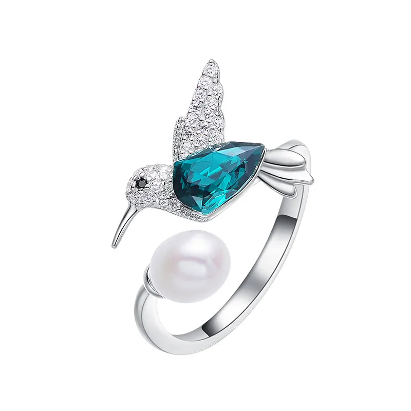 

HeeZen Embellished with Crystals Hummingbird Open Ring Resizable Chic Green Bird Stone Pearl Ring Gift Engagement Ring for Women
