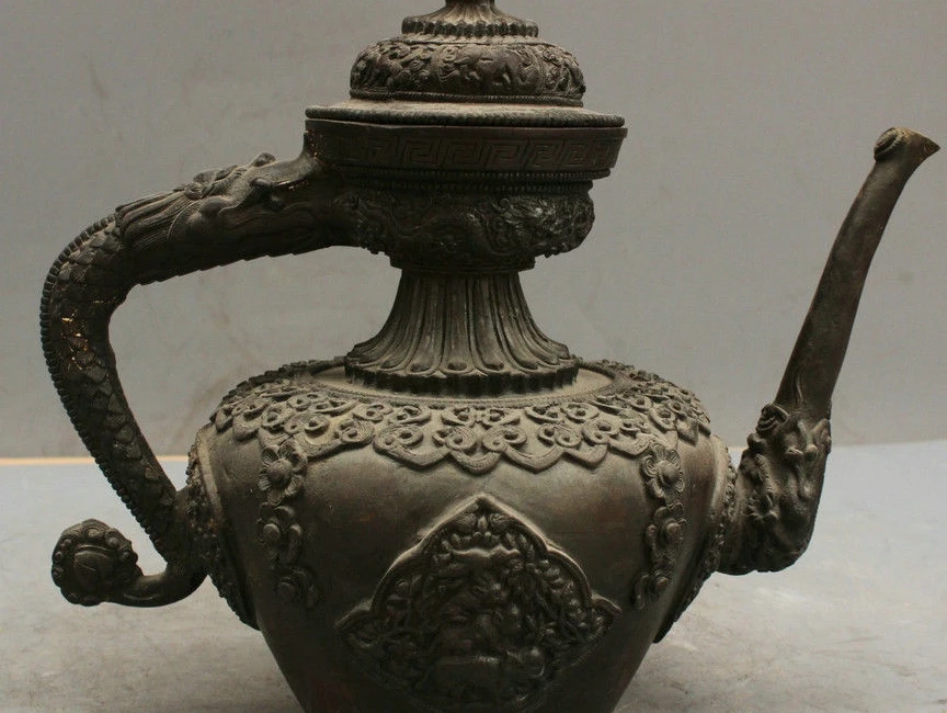

12'' China Bronze Wine Pot Carve Man Statue Figurine