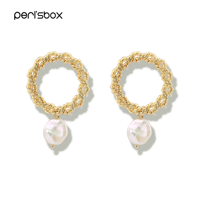 

Peri'sBox Gold Color Hanging Freshwater Pearls Hoop Earrings for Women Baroque Twisted Circle Earrings Minimalist Charm Earrings