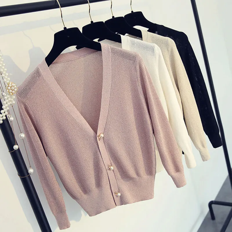 

OL V-neck Sweater Knitted Cardigan Bright Silk Pearls Button Hollow Jacket Loose Single-breasted Coat Long Sleeve Stitching Tops
