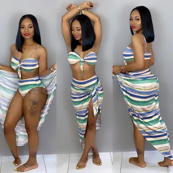 

Sexy Striped Three Piece Of Swimsuit European and American Backless Women Beach Bikini Strapless Clothing