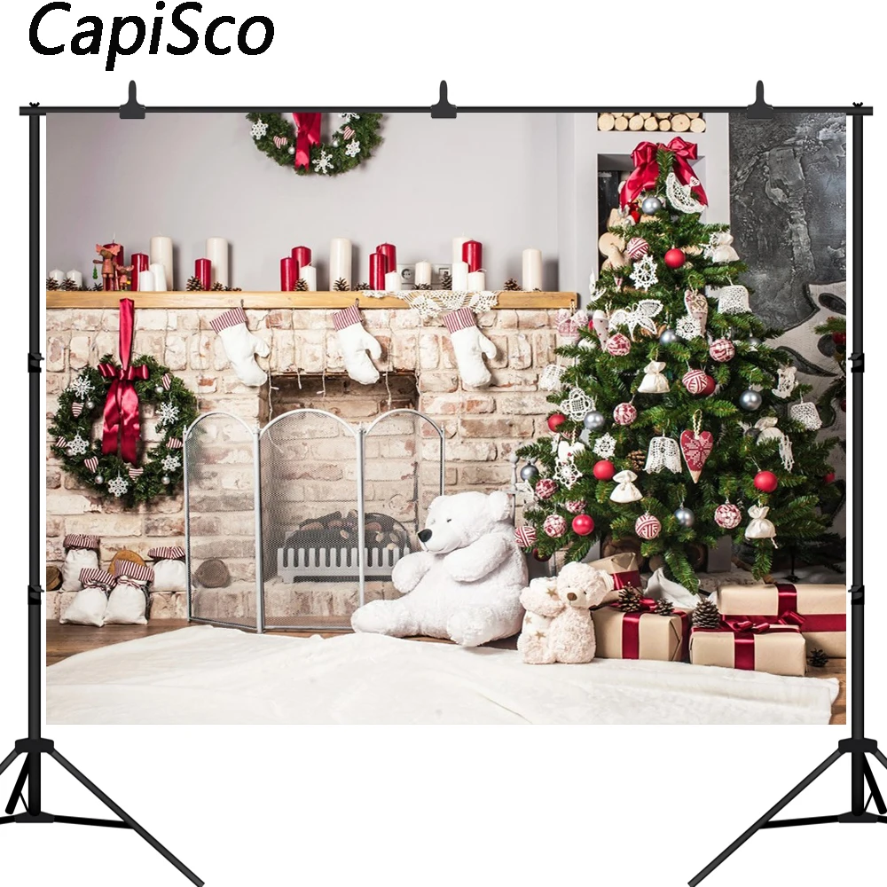

Capisco Fireplace Socks Gifts bear Decor Christmas Photography Backdrops for Photo studio Backgrounds for Children Party Photo