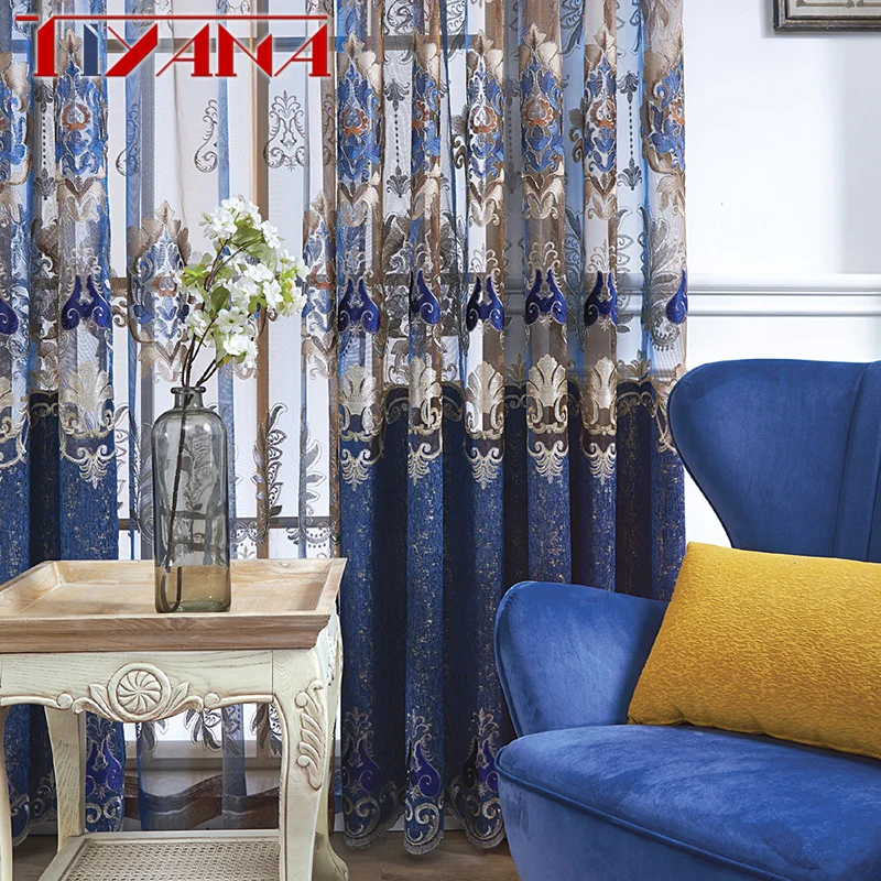 

European Tiyana Embroidered Curtains For Living Room Chenille Semi-shade Curtain Tulle For Bedroom Luxury Royal DecorWP074&3