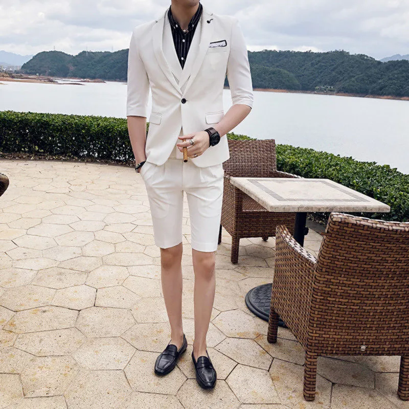 5.1      95、Men's suit men's fashion solid color slim thin section five-point sleeve jacket with shorts two-piece men's summer casual shorts suit