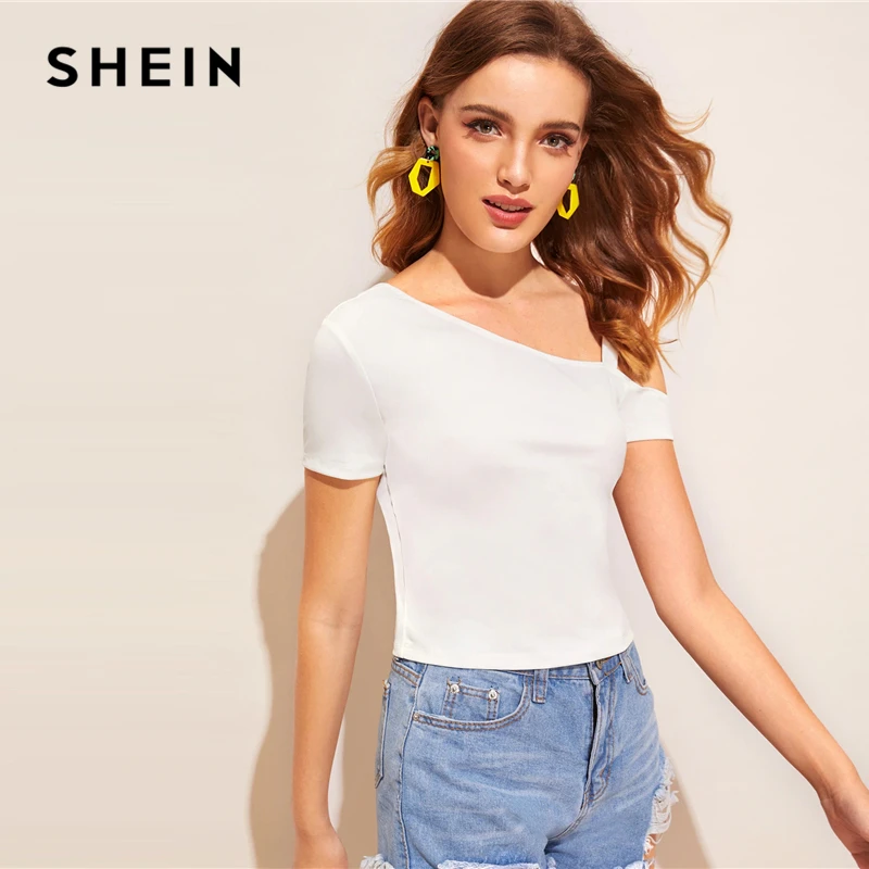 SHEIN, асимметричный однотонный топ с вырезом,, белая женская одежда с открытыми плечами, летняя футболка с коротким рукавом, облегающая футболка