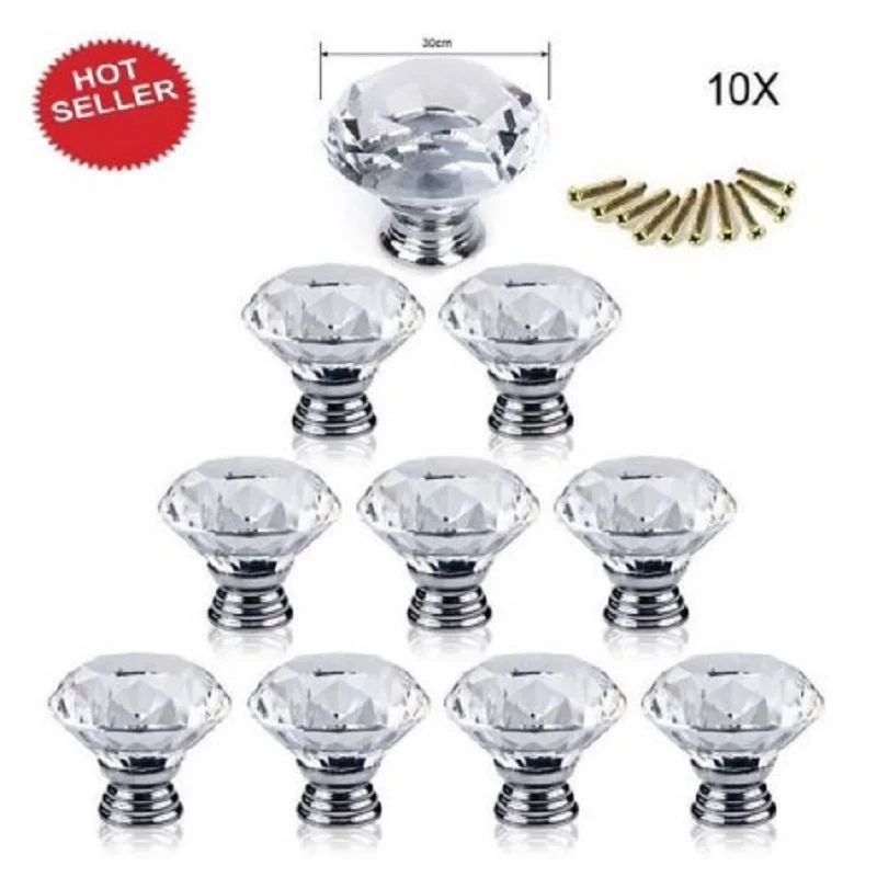 1pack/10 Pcs 30mm Diamond Shape Crystal Clear Glass Drawer Cabinet Knob Pull Handle Kitchen Door Wardrobe Hardware Drawer Knobs