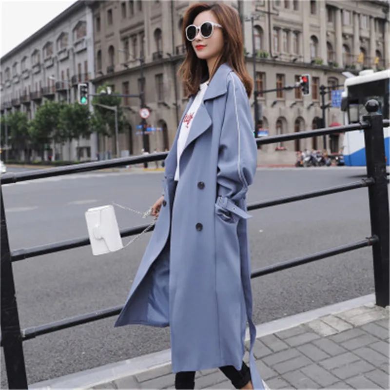 

2019 Autumn Women Casual Windbreakers Solid Sashes Cotton Polyester Wide-waisted Office Lady Thin Long Blue Black Coats 761