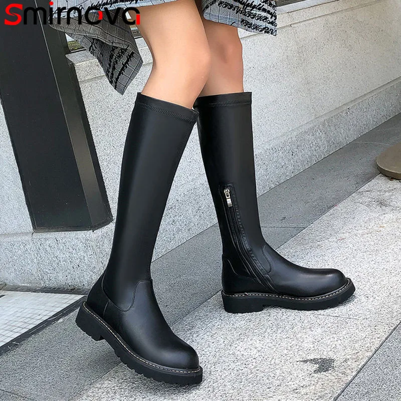

Smirnova big size 34-42 knee high boots women round toe zip pu+genuine leather boots med heels shoes women boots 2020 new shoes