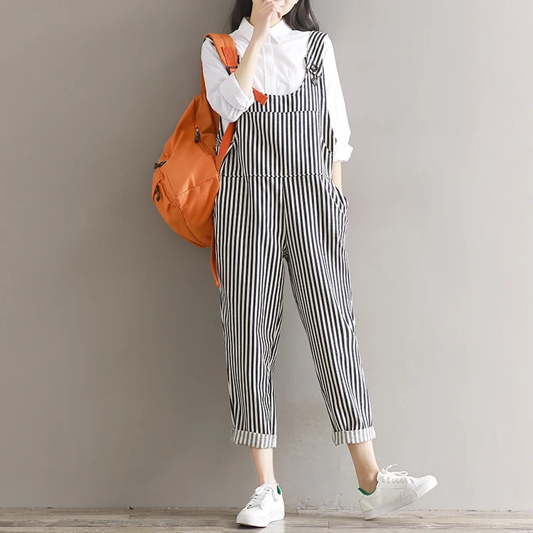 

Japanese Casual Rompers Womens Striped Jumpsuits Sleeveless Backless Loose Cotton Overalls Plus Size Retro Strap Playsuits