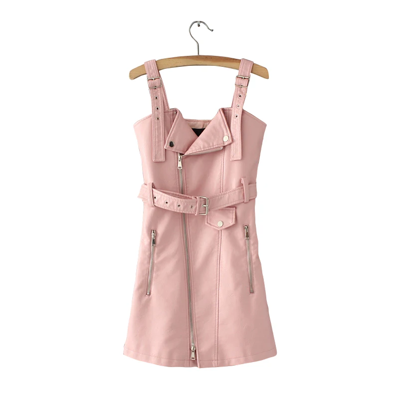 

motorcycle washed PU leather strap summer dress women Slim pink backless dress female Sexy party mini dress