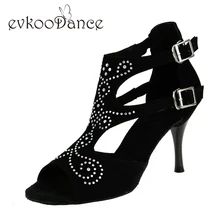 Черные стразы; высота каблука 8,5 см; американские размеры 4-12; Материал верха: нубук; обувь для латинских танцев для женщин; NL108