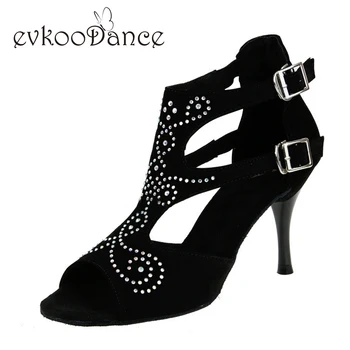 

Black With Rhinestone Heel Height 8.5cm Size US 4-12 Upper Material Nubuck Latin Dancing Shoes For women NL108