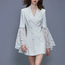 Модный Длинный блейзер, костюм, платье, женские деловые вечерние костюмы, кружевное платье с рюшами, рукав, Рабочий костюм, костюмы, тонкий плюс размер