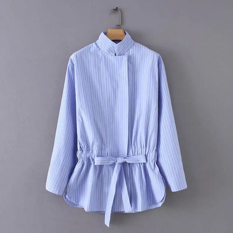 

Makuluya Office Lady Women Bow Light BLue Striped Spring Summer Autumn Female Casual Vintage Tops Blouses Shirt Girl Sashes QW