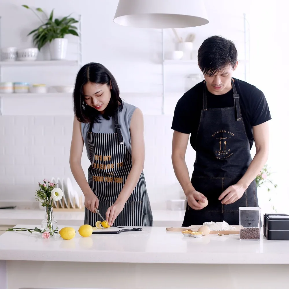 

Jean Sleeveless Apron Chef Waiter Cooking Unisex Bib Multi-Pockets Adjustable Stripe Home Restaurant Kitchen Cleaning Tools