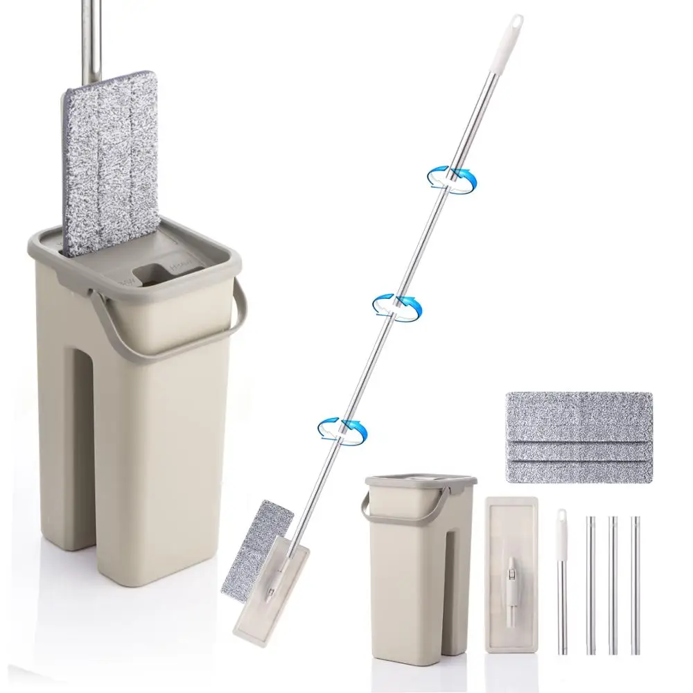 Cubo de fregona giratorio plano con almohadillas de microfibra lavado a mano magia autoextrusión para limpieza de pisos de cocina Cubo de fregona giratorio plano con almohadillas de microfibra lavado a mano magia autoextrusión para limpieza de pisos de cocina