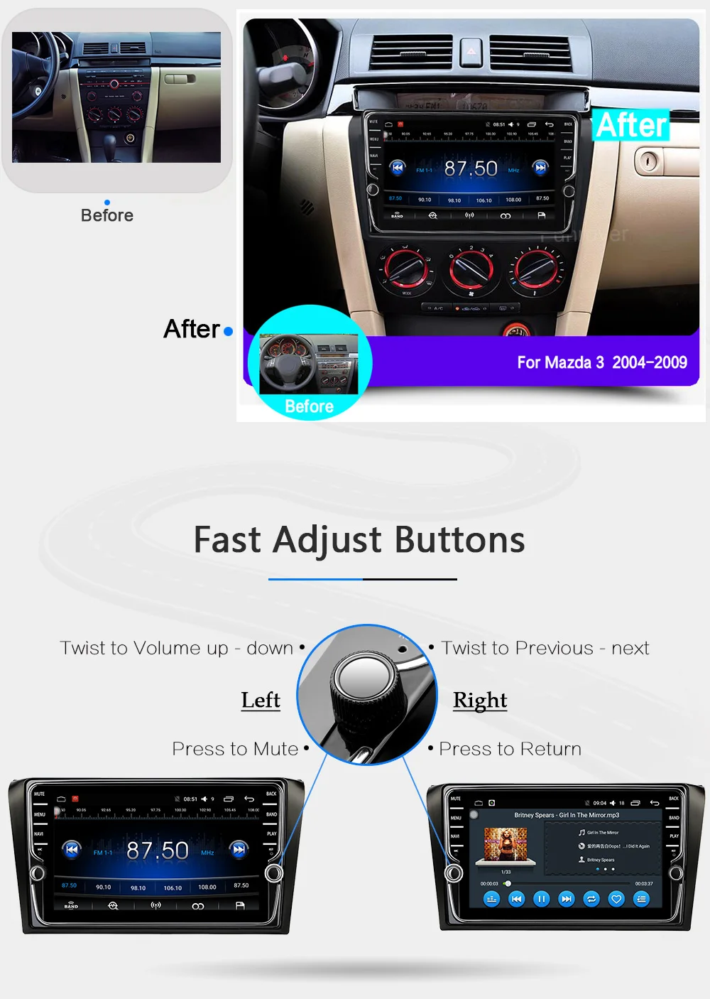 Perfect Funrover IPS 8"Android8.0 2 din car dvd auto radio tape recorder For Mazda 3 2004-2009 gps stereo Wifi multimedia Navi headunit 11