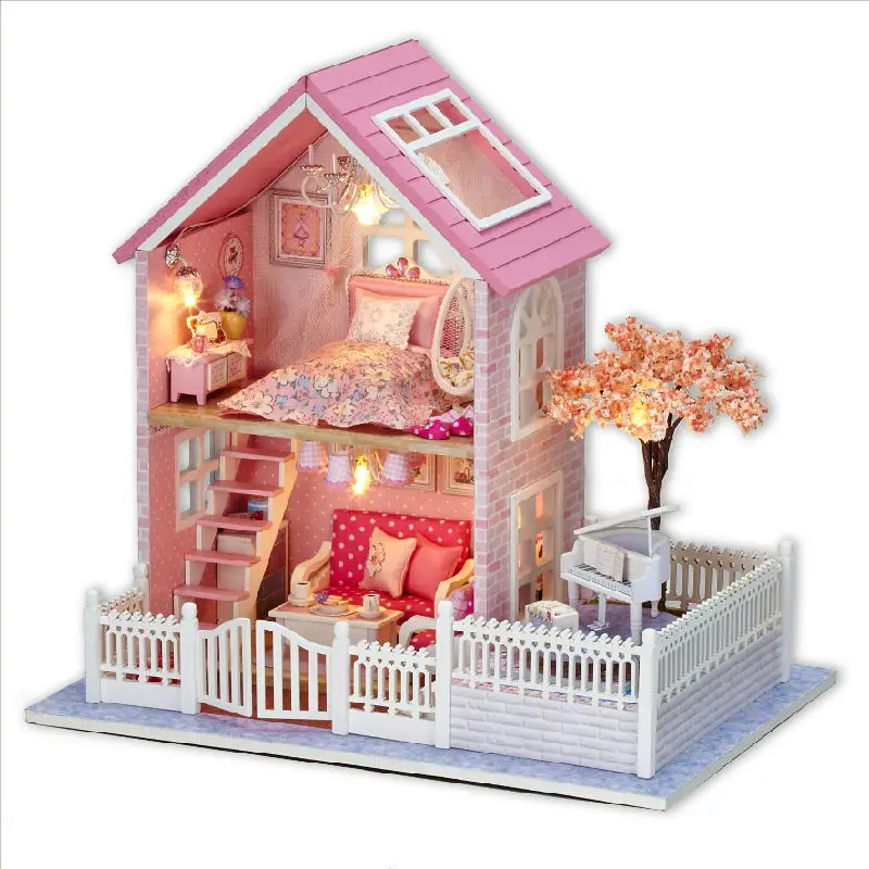 

Casa De Boneca Diy Miniature Doll House 3D Wooden Puzzle Dollhouse For Birthday Gift Toys Dolls Houses Pink Cherry Blossoms A036