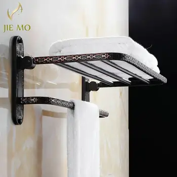 

Free Shipping Wall Mount Retro Style Folding Bathroom Towel Rack black Towel Shelf & Hooks 2527