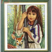 Высокое качество красивый прекрасный Счетный Набор для вышивки крестом каштановые волосы маленькая девочка и олень овчарка в лесном дереве