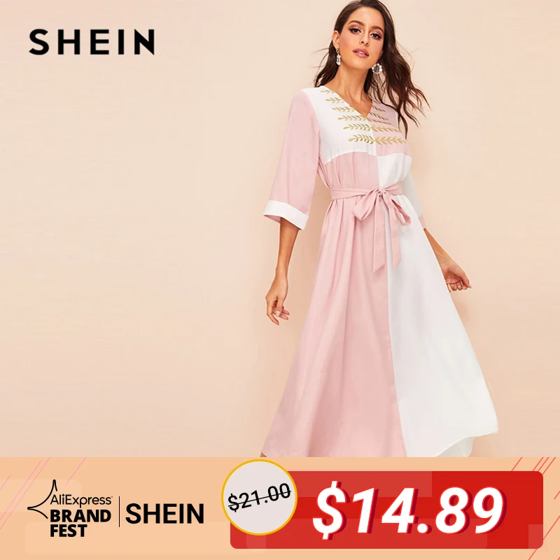 

SHEIN Cut And Sew Embroidery Belted Hijab Dress 2019 White And Pink Colorblock H Type Dress Modest V neck Women Dresses