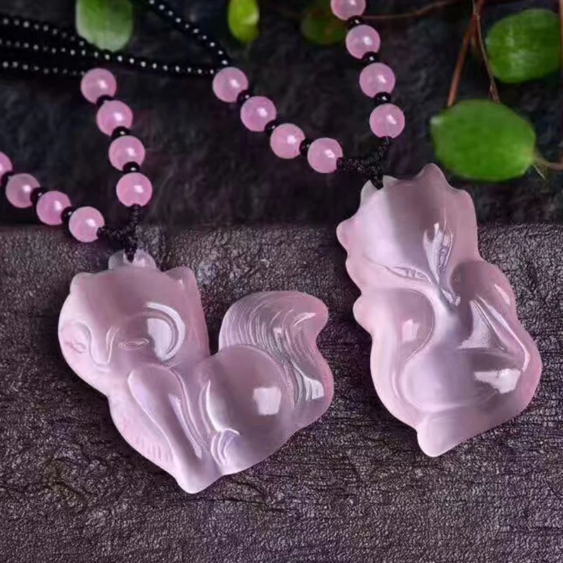Розовый кошачий глаз натуральный камень подвески резной свитер-лиса цепь ожерелье удача для женщин Девушка подарок ювелирные изделия с кристаллами