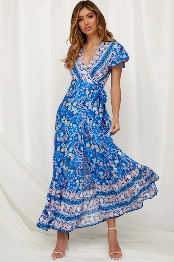 Blue-V-Neck-Beach-Resort-Printed-Dress-LC611149-5-3