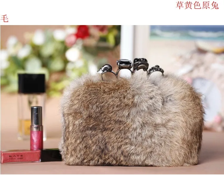 

Skull rabbit fur bag women's genuine leather handbags small chain bag day clutch bag 5 colors free shipping