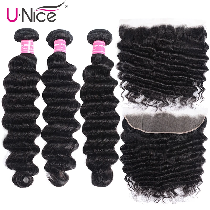 

UNice Hair Loose Deep Wave 3/4 Bundles With Frontal Remy Human Hair Weave Bundles With Frontal Brazilian 3 Bundles With Frontal
